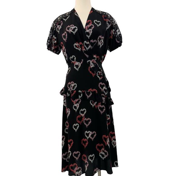 Sandro Paris Midi Silk Dress Floral Heart Print Short Sleeve Lace Insert | Small - Picture 1 of 10